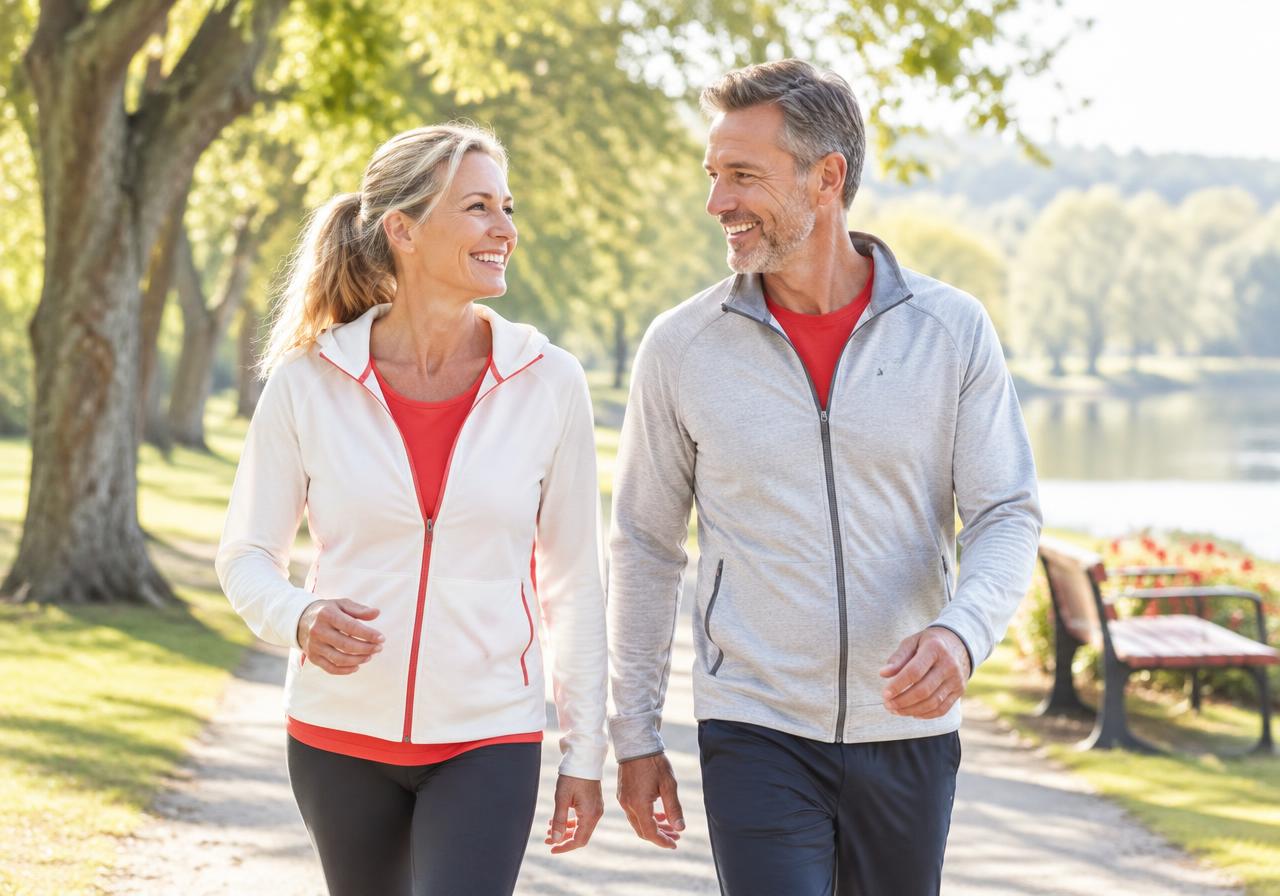 Smiling couple walking together in a sunny park